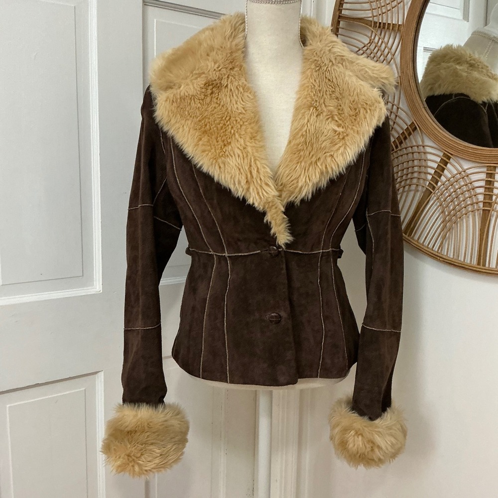 Y2K Wilsons Penny Lane Suede Leather Jacket M Chocolate Brown Afghan Western VTG